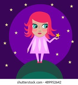 Dream girls. Vector magic pretty cartoon character. Little cute anime fairy baby with big eyes holding star on background of night sky. Logo for t-shirt. Illustration for kid shop, gritting card.