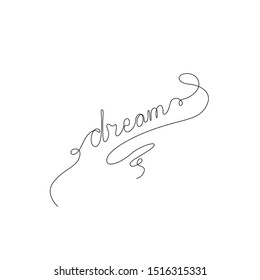 Dream hand lettering continuous line drawing, emblem or logo design, dream word inscription, small tattoo, T shirts, print for clothes, one single line on a white background, isolated vector.
