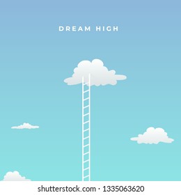 dream high visual concept minimal design. cloud in the sky with tall ladder vector illustration