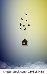 dream at home concept, travel in dream idea,  save life stay home, flock of birds flying away with  house in the sky, home isolation, vector