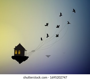 dream at home concept, travel in dream idea,  save life stay home, flock of birds flying away with  house in the sky, home isolation, vector