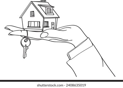 Dream Home in Hand: Cartoon Illustrations for Real Estate Dreams, Real Estate Magic: Hands Holding Tiny House Sketch Art for Sale