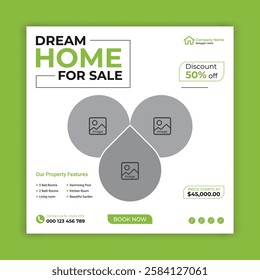 Dream home for sale social media flyer or web banner template, business social media post design