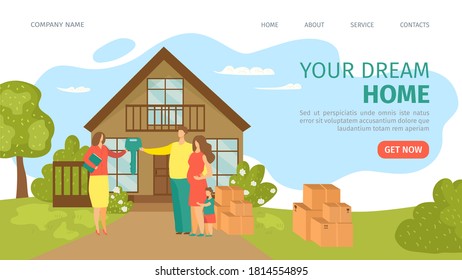 Dream home website landing vector illustration. Real estate landing page. Buying, rent house. Find dream home, investment property web page template. House with fence, garden for ramily.