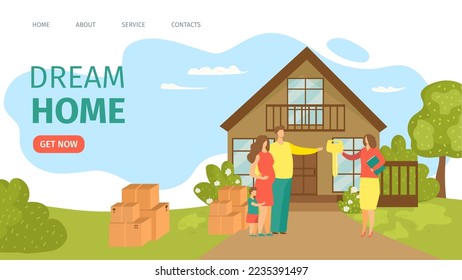 Dream home website landing vector illustration. Real estate landing page. Buying, rent house. Find dream home, investment property.