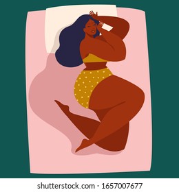 Dream In A Hot Summer Night. Young Woman Sleeping In Bed Without A Blanket. Female Cartoon Character Lying In A Comfortable Pose During Night Slumber. Top View. Vector Illustration In Flat Style.