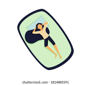 Sueña en una calurosa noche de verano. Joven durmiendo en la cama sin manta. Personaje de caricatura femenina en una cómoda pose durante el sueño nocturno. Vista superior. Ilustración vectorial en estilo plano.