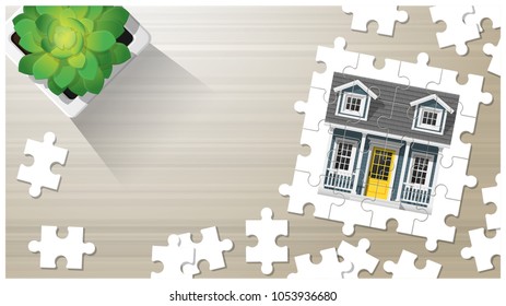 Dream house concept with puzzle house on wooden board background , vector , illustration