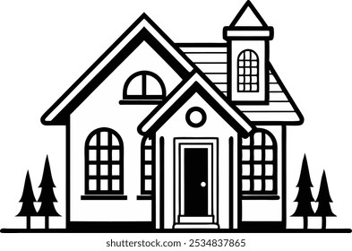 Dream house line art illustration black and white, Vector illustration  on white background.