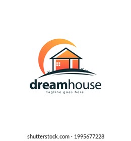Dream house logo concept. moon and home design template. 