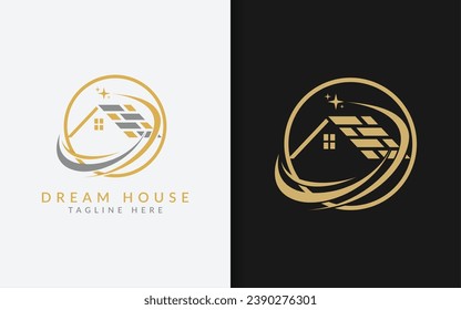 Dream House Logo Design. Simple Minimalist House and Sparkling Star Combination Inside a Circle. Vector Illustration.