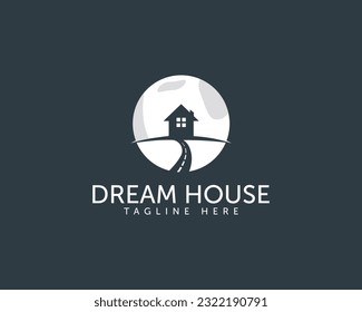 Dream house modern Logo design concept.  Moon, road and house negative space vector illustration.