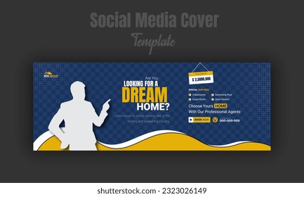 Dream house para la venta planilla de diseño de portada de medios sociales, banner, post de línea de tiempo, promoción de venta de propiedades inmobiliarias y con forma de color amarillo y fondo azul oscuro