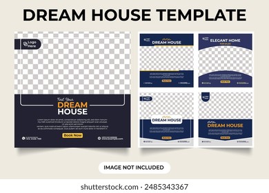 Dream house sale social media post bundle with black and dark blue colors. Real estate home selling business promotional poster collection for online marketing. Minimalist home selling template set.