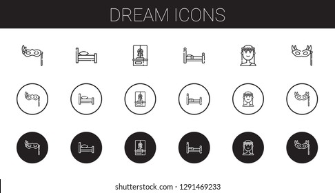 dream icons set. Collection of dream with eye mask, bed, dreamcatcher, muse. Editable and scalable dream icons.