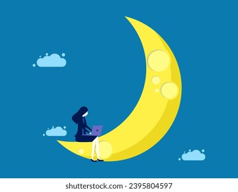Dream job. Businesswoman working with laptop concentrating on the moon