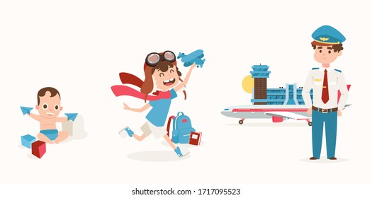 Dream job, guy from childhood loved airplane, set vector illustration. Kid playing with dice, paper plane. Boy character fantasize himself as pilot, adult man worker in uniform at airport flat banner.