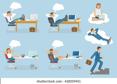 Dream Job Isolated Icon Set With People Man And Woman Who Dream And Sitting On Workplace Vector Illustration