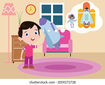 Dream job vector concept. Cute little boy dreaming as a astronaut while playing a spaceship toy at the home