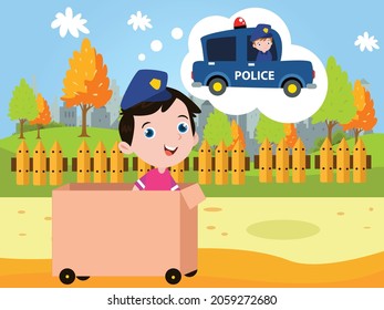 Dream job vector concept. Happy little boy dreaming as a policeman while driving a cardboard car on the road