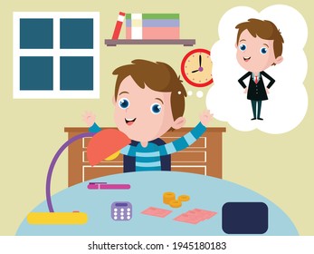 Dream job vector concepts: Happy little boy studying at home with calculator and money while imagine as a success businessman