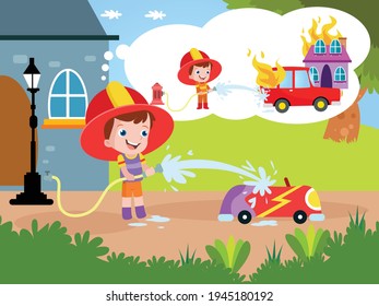 Dream job vector concepts: Happy little boy spraying water to a car toy while imaging a firefighter