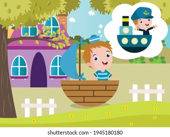 Dream job vector concepts: Little boy riding a boat while imaging as a sailor