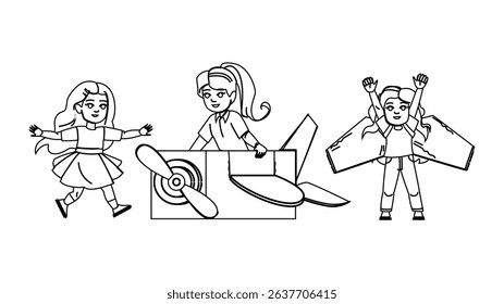 dream kid girl fly vector. freedom sky, magic journey, explore wonder dream kid girl fly character. people black line pencil drawing illustration
