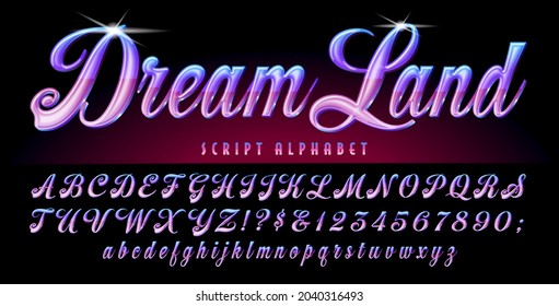 Dream Land is a lyrical script in violet and purple tones. This font has metallic shiny gradient effects and highlights. Good for magic, wizardry, sorcery and fantasy themes, or high fashion branding.