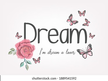 dream lettering butterfly and rose hand drawn