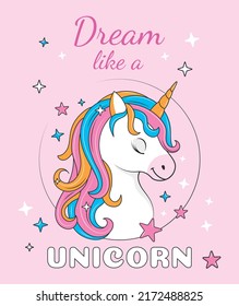 Dream Like Unicorn Concept. Poster With Cute Fictional Animal With Rainbow Hair And Stars On Pink Background. Design Element For Printing On Postcards And Fabric. Cartoon Flat Vector Illustration.