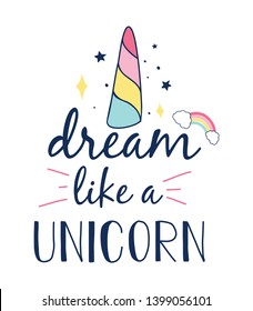 Dream like a unicorn slogan and hand drawing magic icons vector.