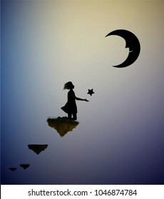 in dream, little girl holding the star and talkingking to big moon and standing on the on flying rock,  life on flying rock,  silhouette.