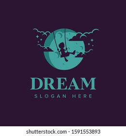 Dream logo iconic. Child play swing in the moon. Branding for creative, film, movie maker, child and kids, advertising, social, playground, etc. Isolated logo vector inspiration. Graphic designs