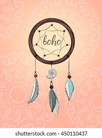 
Dream lover on pink background with Boho inscription, vector illustration