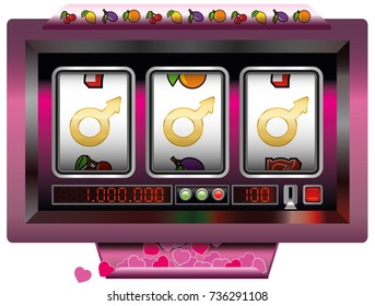 Dream lover win with slot machine - symbol for having good fortune to find the ideal man - slot machine jackpot with three male signs. Vector illustration on white background.
