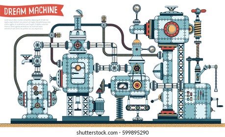 Dream machine with cables, pipes, parts, aggregates, mechanisms. A complex metal engineering device. Vector illustration. Shadow can be disable.