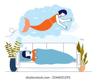 Sueña con sirena. La mujer se acuesta en la cama y sueña con la sirena. Imaginación y fantasía, sueño. Cuento de hadas con personaje ficticio. Ilustración vectorial lineal aislada sobre fondo blanco