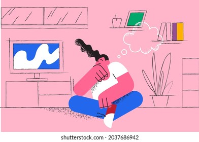 Dream of new apartment concept. Cheerful young woman cartoon character sitting on floor dreaming of home interior details and relocating vector illustration 