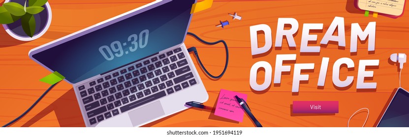 Dream office cartoon web banner with freelancer workplace top view. Desk with laptop, stationery, mobile phone with headset, to-do list and sticky note around computer, work from home Vector concept