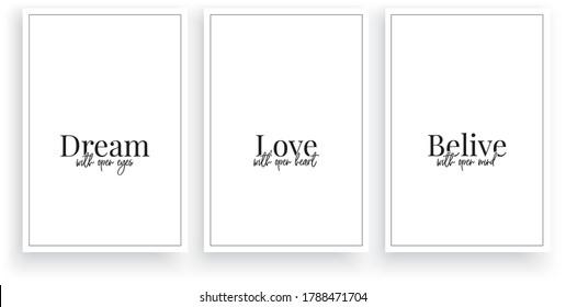 Soñar con los ojos abiertos, amar con el corazón abierto, creer con la mente abierta, vector. Diseño de palabras, letras. Diseño de afiches minimalistas escandinavos de tres piezas. Citas motivacionales e inspiradoras