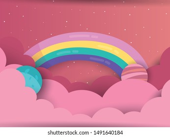 Dream in paper art style vector illustration a lovely dream greeting card with a hand drawn among stars and fluffy clouds.