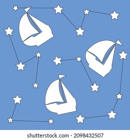 Patrón de sueño. barco y estrellas de fondo azul. Constelaciones. Se puede usar para textiles, decoración, interiores, carteles, postales. Imagen vectorial.
