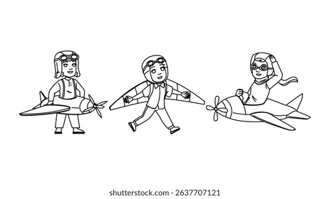 dream pilot kid boy vector. happy play, aviator game, plane fly dream pilot kid boy character. people black line pencil drawing illustration