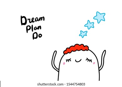 Dream plan do hand drawn vector illustration with woman stars happy vibrant colors poster