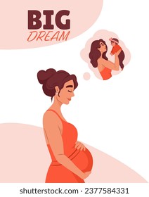 Dream of pregnant woman waiting baby. Motherhood and maternity concept. Cartoon parent. Family love, beautiful female. Birth expecting. Happy mother in red dress. White background. Vector illustration