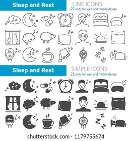 Dream and rest line and simple icons set