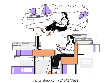 Dream of rest simple. Woman at workplace think about holiday and vacation in tropical countries. Tired worker and employee in office. Doodle flat vector illustration isolated on white background