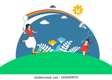 Dream to return to childhood. Mom and daughter play badminton on green grass. girl and woman play badminton on nature background with flower, tree, rainbow, sun and clouds. Vector illustration