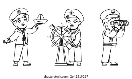 sonho marinheiro criança menino vetor. viagem de criança, navio de aventura, vintage brinquedo sonho marinheiro garoto personagem. pessoas linha preta lápis desenho ilustração